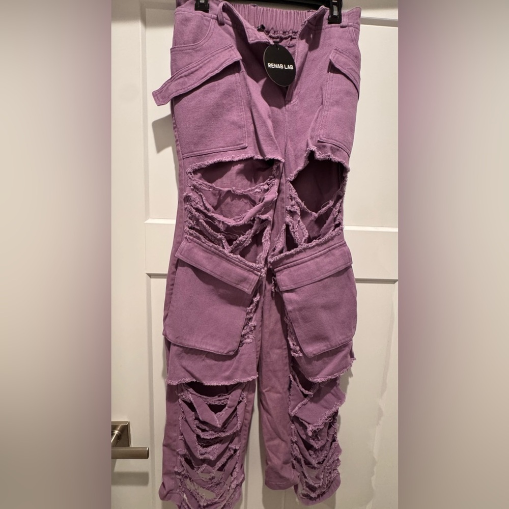 Purple Distressed cargo Pants with elastic waist